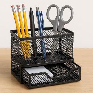 Multifunctional Metal Pen Holder with Drawer for Desk Organization and Storage