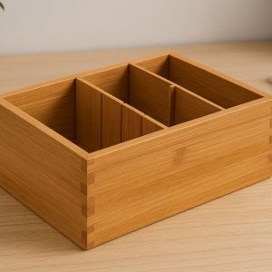 Bamboo Desktop Storage Box with Removable Dividers for Home and Office