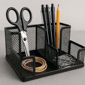 Mesh Metal Desktop Organizer with 4 Compartments for Office Accessories