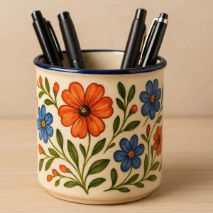 Ceramic Pen Holder with Hand Painted Floral Design for Home and Office
