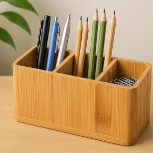 Bamboo Pen Holder with 3 Compartments for Eco Friendly Desk Organization