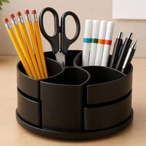 Rotating Pen Holder with 4 Compartments for Easy Access Desk Storage