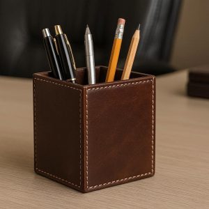 Leather Pen Holder with Stitched Design for Executive Desk and Office